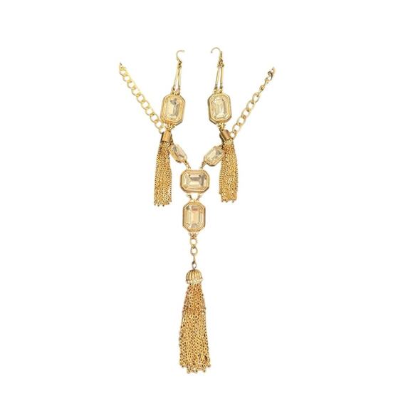No Brand Jewelry - NWT Gold Chain Tassel Bib Necklace and Dangle Earrings Rhinestones Jewelry Set